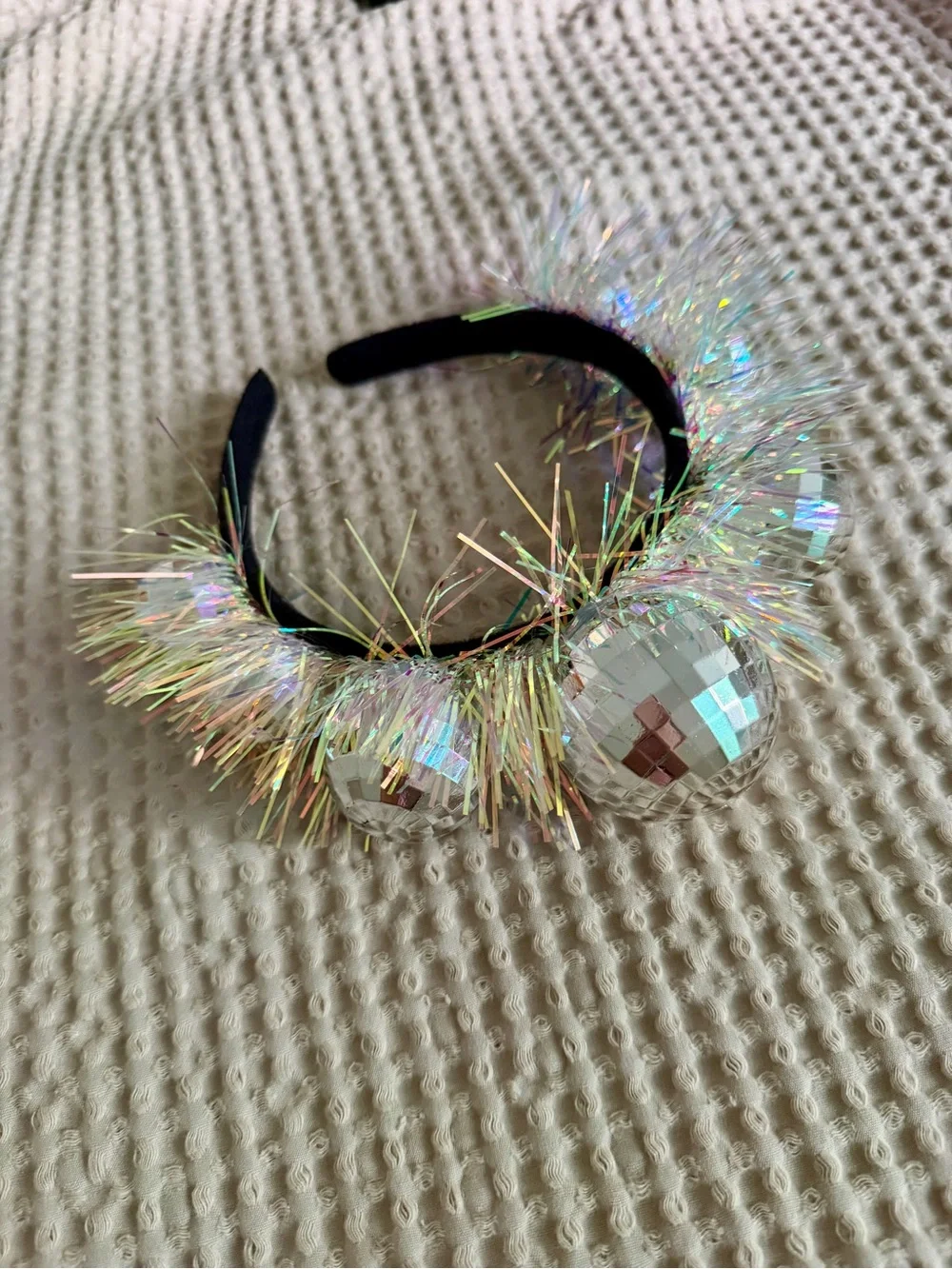 disco ball headband with holographic tinsel